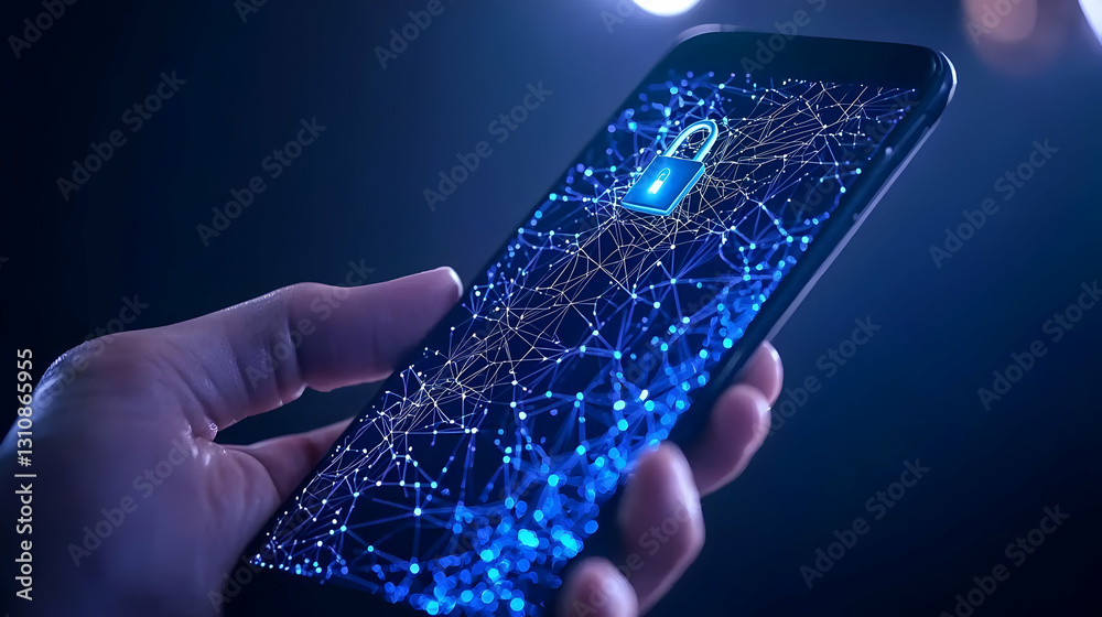 Poster secure mobile technology concept with digital lock and network lines