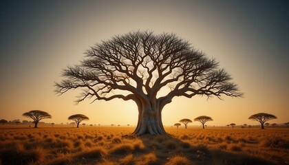 Fototapeta premium Majestic African Savanna Tree at Sunset Golden Hour Landscape