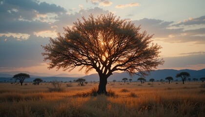 Majestic Sunset Silhouette of a Single Tree in African Savanna Landscape