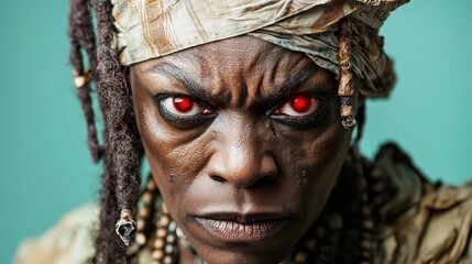 Intense Gaze of a Woman with Red Eyes