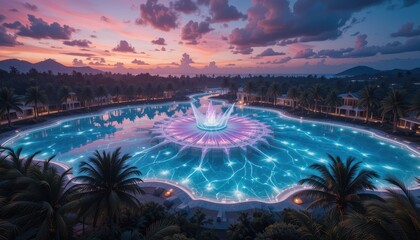 Stunning Aerial View of Illuminated Lagoon Pool with Fountain at Sunset Tropical Resort