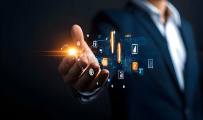 Businessman Reaching for Digital Interface with Graphics and Icons