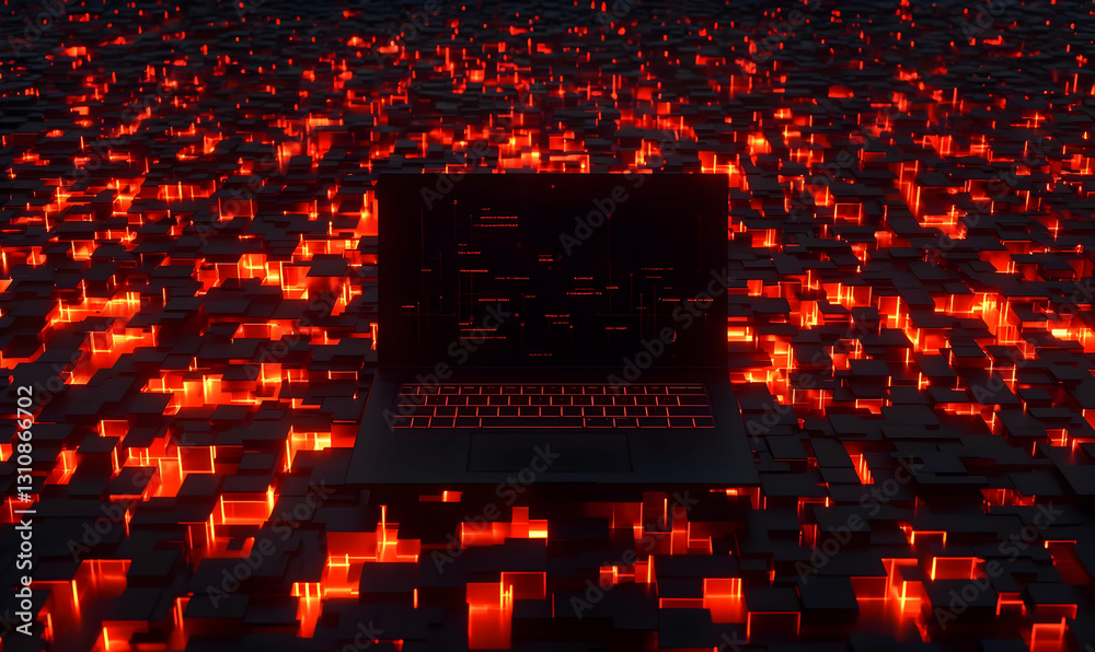 Poster laptop on abstract background with red glowing blocks and data flow