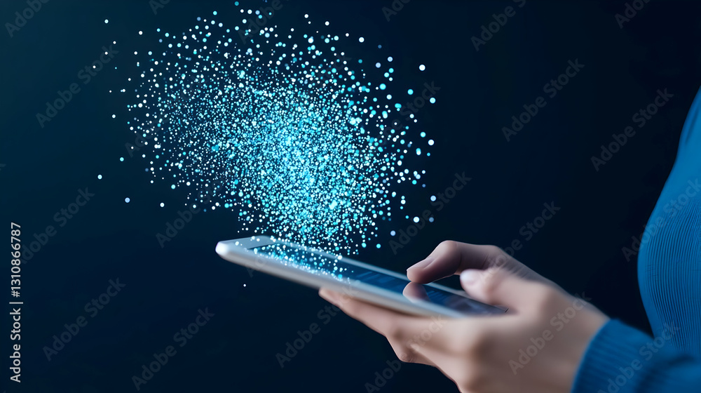 Poster digital interaction with tablet and floating particle effects