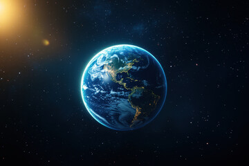 globe of Earth hanging in space, illuminated by sunlight, showcasing continents and oceans. beauty of our planet is highlighted against vastness of universe