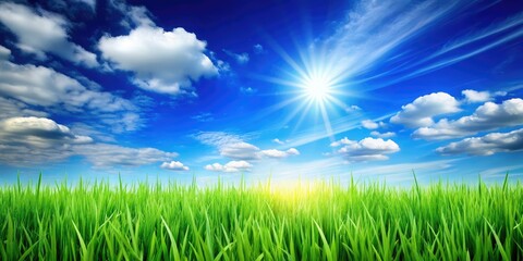 Fototapeta premium Stunning Summer Sunlit Meadow, Vibrant Blue Sky, Green Grass Background, Spring Scenery, Nature Photography