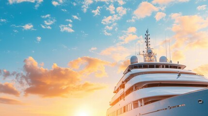 Fototapeta premium Luxury Yacht Against a Beautiful Sunset with Blue Sky and Clouds