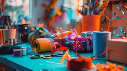 Fototapeta premium A vibrant craft desk filled with colorful ribbons and arts supplies invites creativity. Explore the joy of making unique art projects. Generative AI