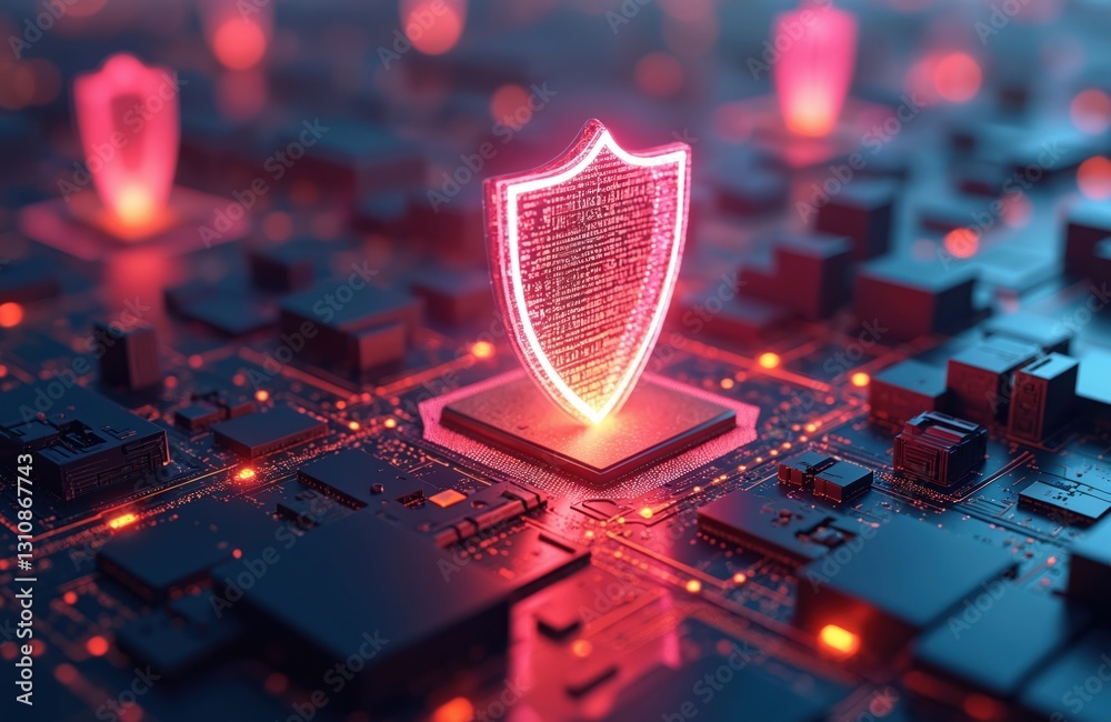 Aufkleber Glowing neon shield protecting digital network, data infrastructure. Futuristic hi-tech cyber security, firewall. Modern 3D render of innovative urban IT scene. Data encryption, server defense.