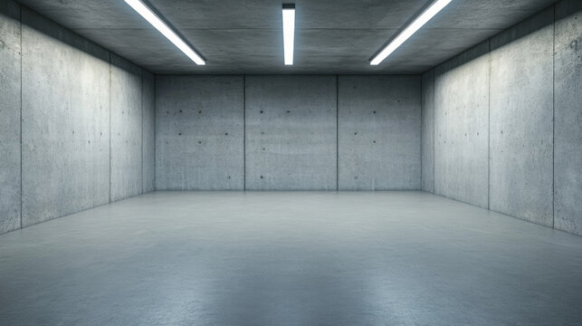large empty concrete bunker room with smooth flooring and minimal lighting creates stark, industrial atmosphere. walls are bare, enhancing sense of space and solitude