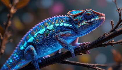 Vibrant Blue Chameleon on Branch in Nature Close Up