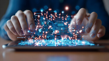 Hands Typing on Tablet with Digital Circuit Board Animation