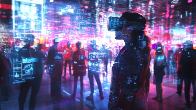 An immersive networking expo scene showing a diverse crowd of attendees wearing augmented reality glasses as they interact with floating holograms of products and services exchanging