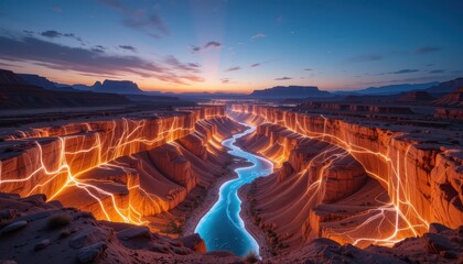 Fototapeta premium Breathtaking Canyon Landscape at Sunset with Light Trails River