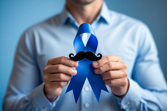 A man holding a blue ribbon with a black moustache, which symbolizes men's health awareness, prostate cancer and men's mental health.