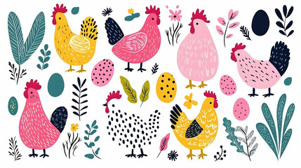 Colorful Chicken Illustration with Eggs and Floral Elements
