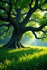 Fototapeta premium Ancient oak, sprawling branches cast shadows on tall grass, botany, solitary tree, environment