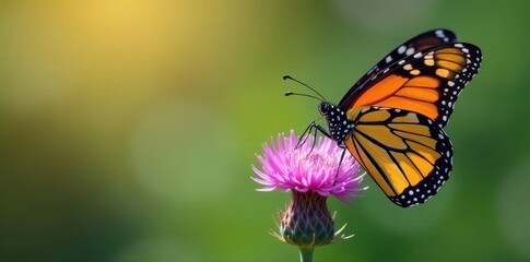 Fototapeta premium A monarch butterfly rests on a purple thistle, antenna delicately poised , closeup, lepidoptera