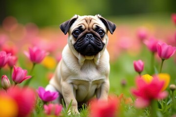 Obraz premium Content pug sitting in a colorful flower patch , sunny, playful