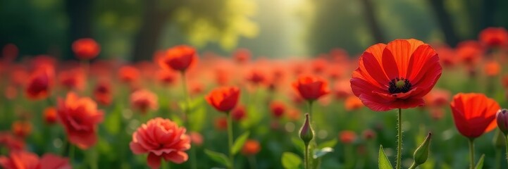 Obraz premium Crimson bloom amidst countless others, vibrant field , field, sunlight, texture