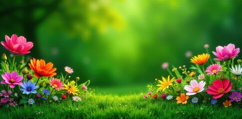 Fototapeta premium Deep green grass, colorful flower garden border, idyllic, organic, petals