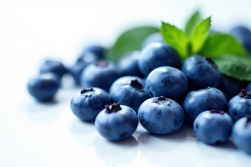 Fototapeta premium Deep blue blueberries, glistening, arranged on clean white backdrop , summer, harvest