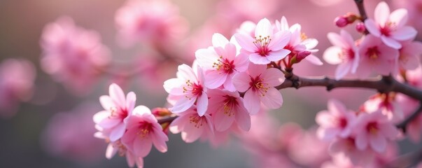Fototapeta premium Delicate pink cherry blossoms in full bloom on a graceful tree , full bloom, tree branches