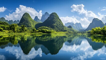 China karst mountains reflected in lake