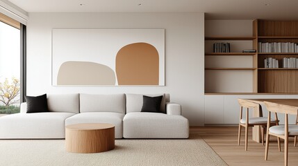 Modern minimalist living room with cozy seating and warm tones