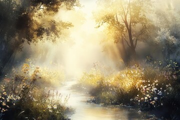 Fototapeta premium ethereal watercolor-style digital painting of sunlight filtering through misty forest canopy, with golden rays illuminating a winding stream and wildflowers in soft pastel hues