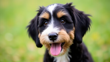 An adult bernedoodle with a blurred face in a green outdoor setting.