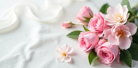 Delicate pink & white blooms, elegantly arranged on crisp white fabric , petal, pink
