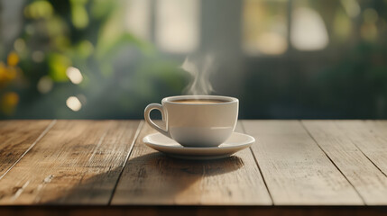steaming cup of espresso on wooden table, surrounded by warm atmosphere, evokes sense of comfort and relaxation
