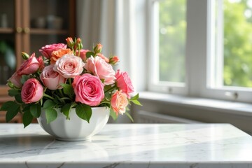 Elegant white marble table, vibrant floral arrangement , texture, colorful