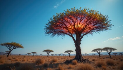 Obraz premium Magical Sunset Glowing Tree in African Savanna Landscape Peaceful Nature Scene
