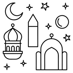 Obraz premium set of Islamic religious symbols Linear icon collection vector art illustrations. Eid Mubarak