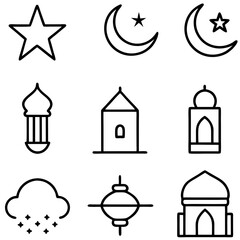 set of Islamic religious symbols Linear icon collection vector art illustrations. Eid Mubarak