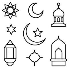 set of Islamic religious symbols Linear icon collection vector art illustrations. Eid Mubarak