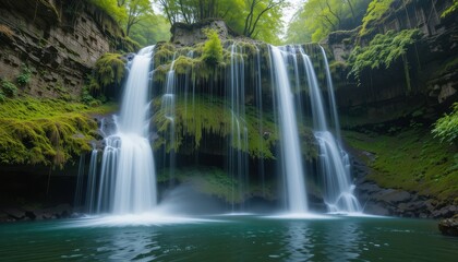 Fototapeta premium Serene Waterfall Cascading Down Mossy Cliffs in Lush Green Forest