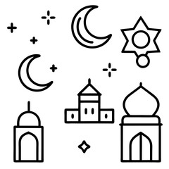 set of Islamic religious symbols Linear icon collection vector art illustrations. Eid Mubarak