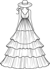 Fototapeta premium line art Tiered Maxi Dress fashion illustration drawing template.