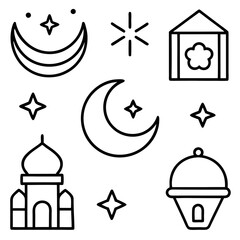 Obraz premium set of Islamic religious symbols Linear icon collection vector art illustrations. Eid Mubarak
