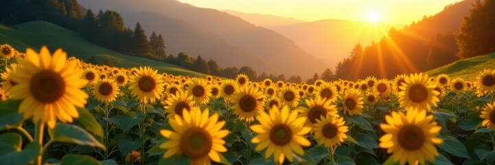 Golden hour illuminates vibrant sunflower field nestled in mountain valley , picture, flora