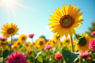 Fototapeta premium Large sunflower stands tall amidst pink and yellow flowers bathed in sunlight, bloom, bright