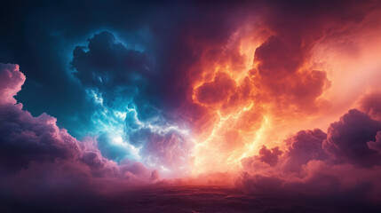 dramatic storm with multicolored clouds, showcasing vibrant hues of blue and orange, creates captivating and intense atmosphere. swirling clouds evoke sense of power and beauty