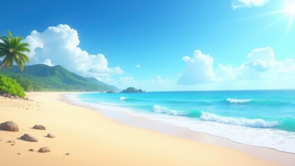 Obraz premium A serene beach landscape with golden sand, turquoise waves, and lush green hills under a bright blue sky.