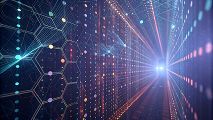 Obraz premium large language model deep learning adaptability Abstract digital landscape with glowing lines and nodes, suggesting technology and innovation.