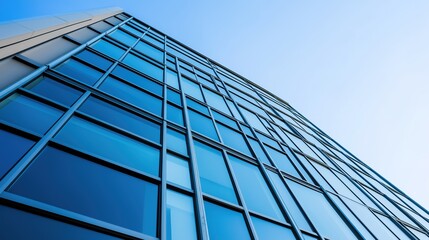 Obraz premium Modern geometric office building under a clear sky, showcasing innovative design and urban progress