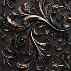 Dark metallic 3D floral pattern, ornate, seamless texture.