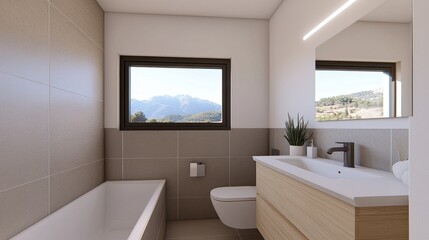 Fototapeta premium Modern Minimalist Bathroom with Natural Light and Scenic View